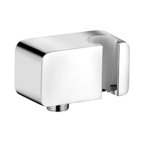 Chromfarbener Wand-Anschlussbogen mit integriertem Brausehalter von Kludi, rechteckige Form mit einseitigem Anschlussgewinde und Halterung für eine Duschbrause.
